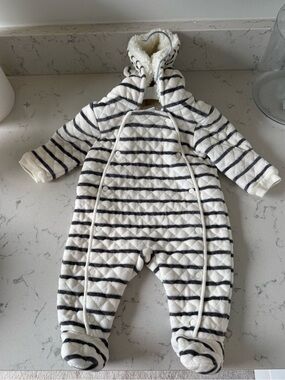 Nordstrom Cream & Black Striped Quilted Hooded Baby One-Piece